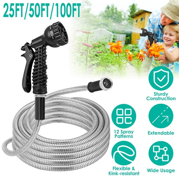 Moclever 25ft Metal Water Hose, Flexible Extendable Heavy Duty Stainless Steel Garden Hose with 2 Nozzles 12 Patterns for Outdoor Garden Yard Patio, Silver