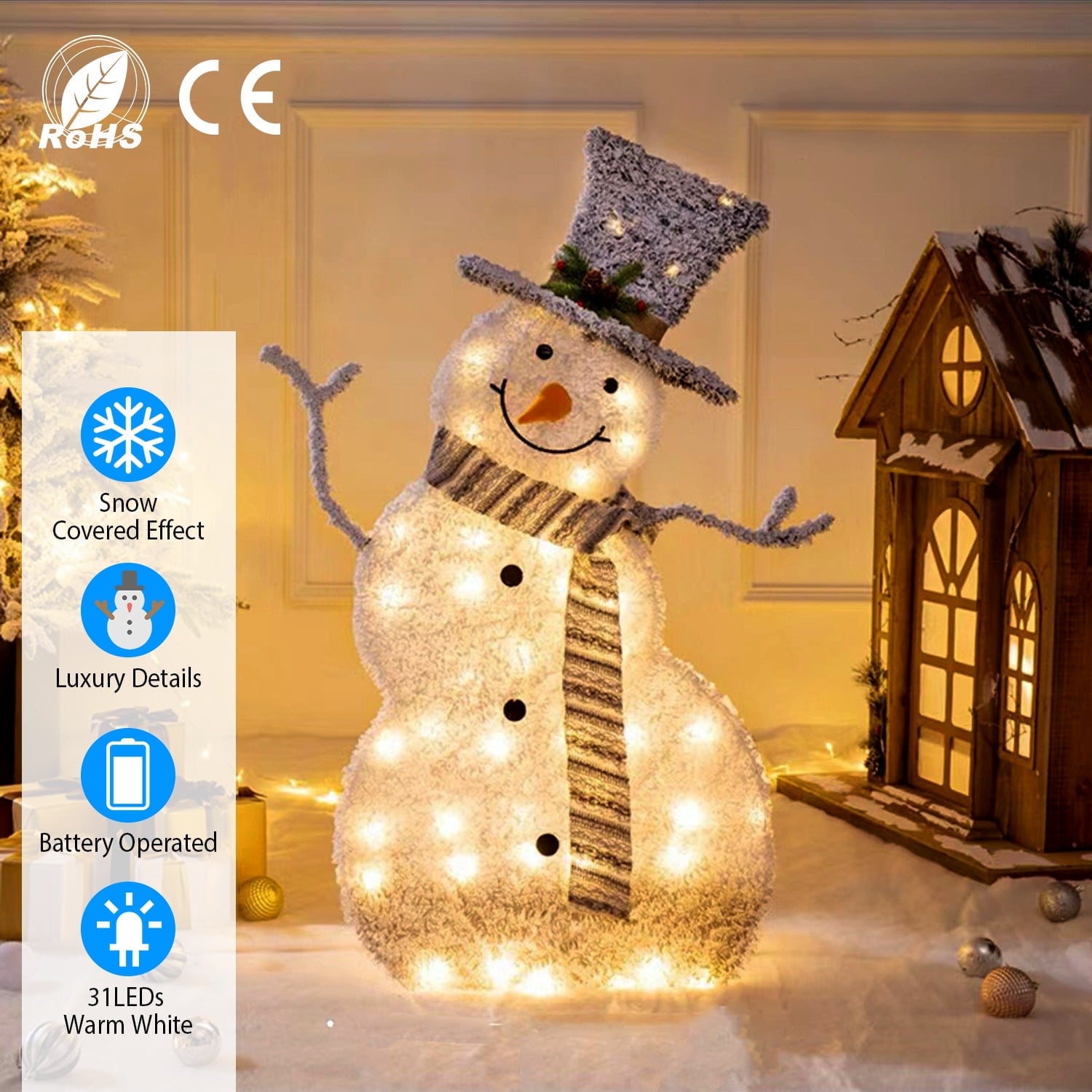 Moclever 2D Collapsible Lighted Snowman Battery Operated LED Christmas Snowman Indoor Outdoor Decoration Light, White