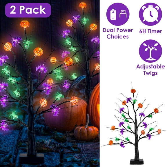 Moclever 2Pcs 1.97ft Black Halloween Tree Lights, Electric Indoor Birch Tree Decor with 6H Timer Adjustable Twigs for Tabletop Party
