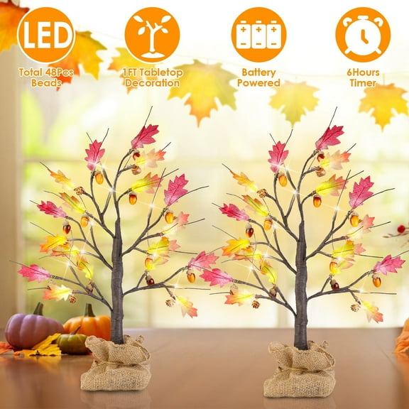 Moclever 2Pcs 23.62" Artificial Lighted Maple Tree, Battery Powered Artificial Fall Tree with 24Pcs Warm White LED Beads 6Hrs Timer, Yellow-Brown