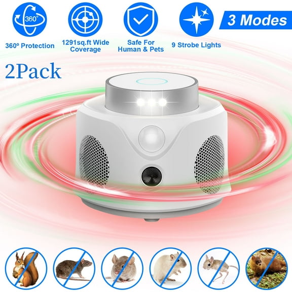 Moclever 2Pcs 360° Ultrasonic Pest Repeller, Indoor Rodent Repeller Squirrel Repellent with 3 Modes 9 Strobe Lights for Kitchen Living Room Basement Warehouse, White