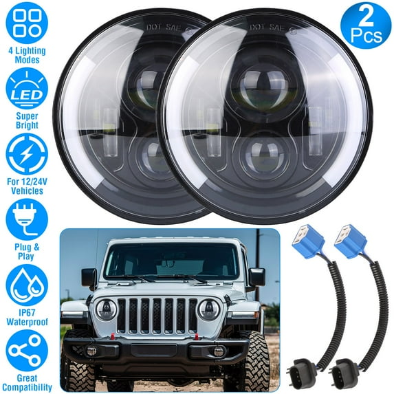 Moclever 2Pcs 40W Motorcycle Headlight, 7in Round LED Headlight 3800LM Halo Car Headlamp with DRL Turn Light High Low Beam Fit for Honda Yamaha Motorcycle Jeep Wrangler TJ JK CJ, Black