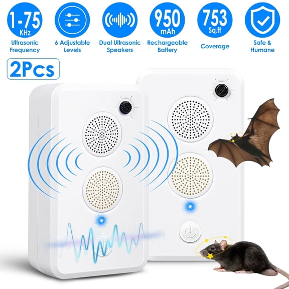 Moclever 2Pcs 75KHz Rechargeable Ultrasonic Bat Repellent Indoor Outdoor Bird Mouse Repeller Device with 6 Adjustable Levels for Attic Porch House