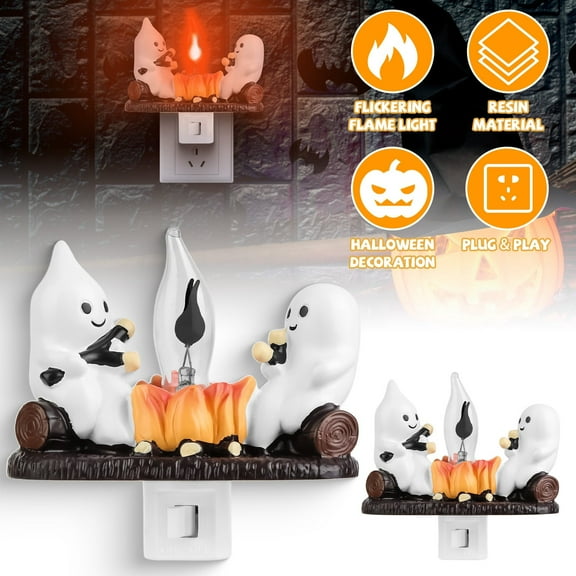 Moclever 2Pcs Ghost Campfire Flickering Night Light, Indoor 3D Halloween Nightlight Decorations