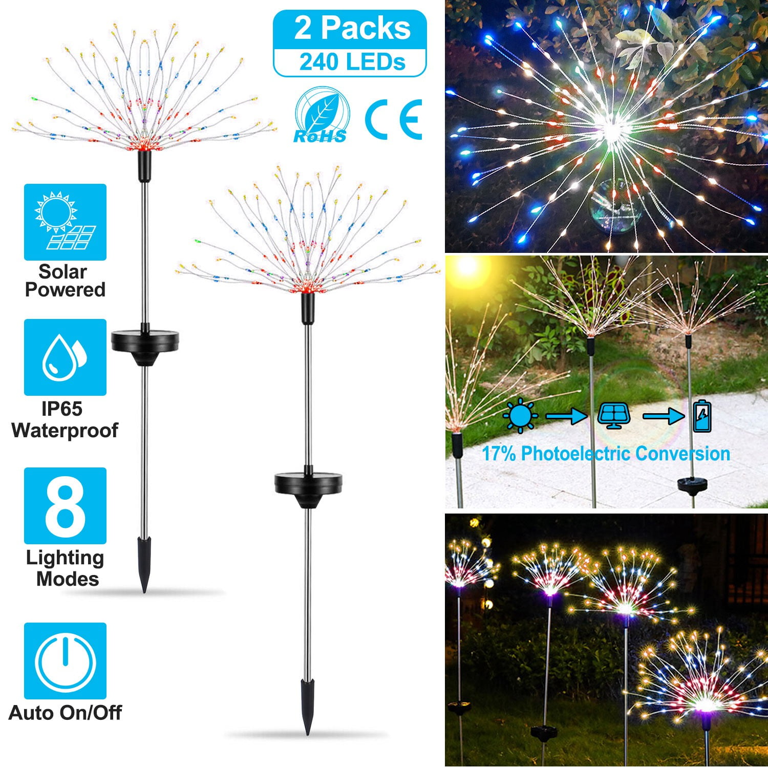 Moclever 2Pcs Halloween Solar Fireworks Lights Outdoor Waterproof 240 LEDs Starburst Lights, Color