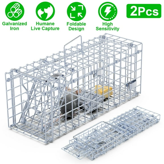 Moclever 2Pcs Humane Live Rodent Trap Cage, Galvanized Iron Foldable Rat Trap Cage with Detachable L Shaped Rod for Kitchen Garden Warehouse, 16x5.2x6in