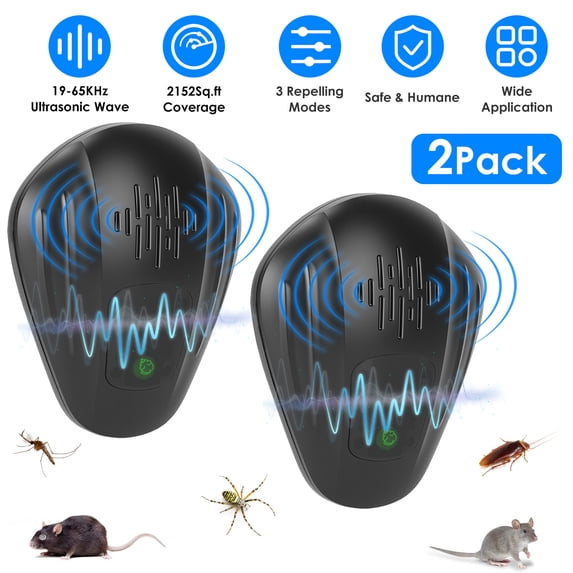 Moclever 2Pcs Plug in Ultrasonic Insect Repellent Indoor, Pest Control Device for Mosquitoes Cockroaches Rats, Black