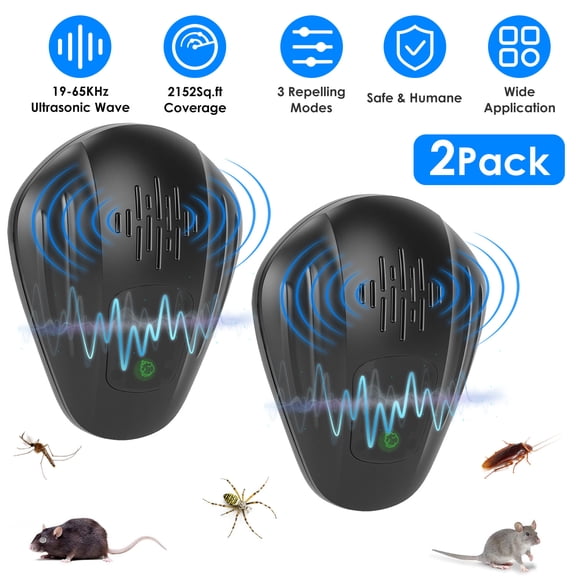 Moclever 2Pcs Plug in Ultrasonic Insect Repellent Indoor, Pest Control Device for Mosquitoes Cockroaches Rats, Black