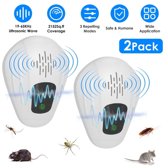 Moclever 2Pcs Plug in Ultrasonic Insect Repellent Indoor, Pest Control Device for Mosquitoes Cockroaches Rats, White