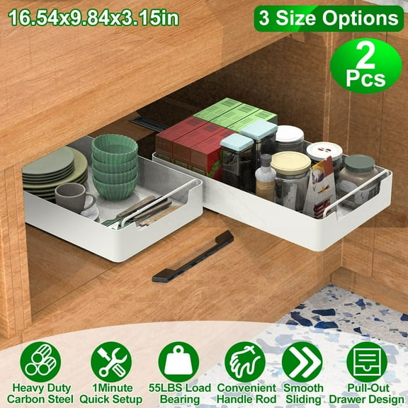 Moclever 2Pcs Pull Out Cabinet Organizers, Carbon Steel Slide Out Drawers 55lbs Max Load with Adhesive Nano Film for Cabinet Kitchen Pantry, 16.54x9.84x3.15in