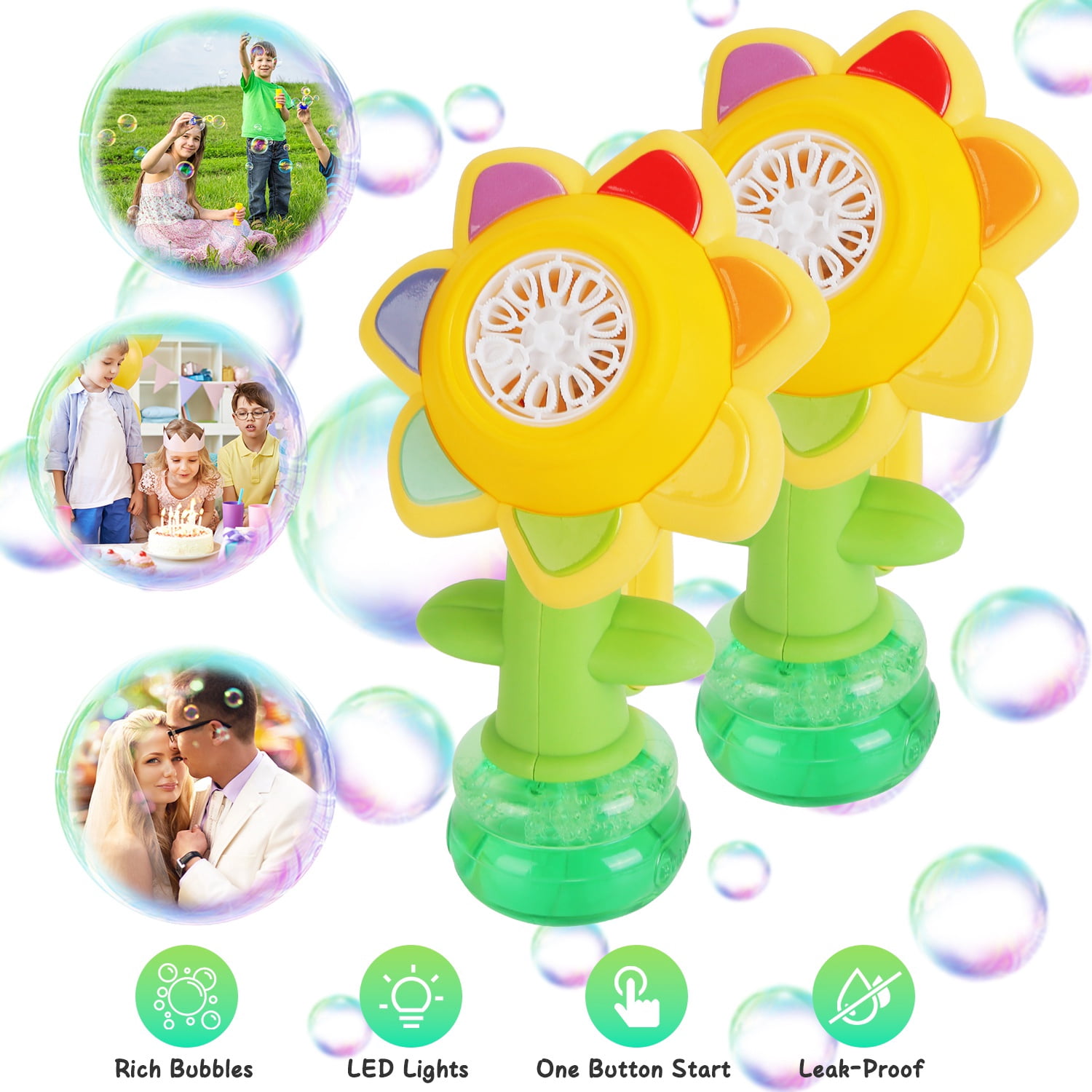 Moclever 2Pcs Rechargeable Sunflower Bubble Machines with LED Lights Dancing Bubble Maker for Kids Outdoor Party Play Toys