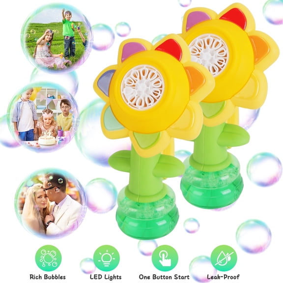 Moclever 2Pcs Rechargeable Sunflower Bubble Machines with LED Lights Dancing Bubble Maker for Kids Outdoor Party Play Toys