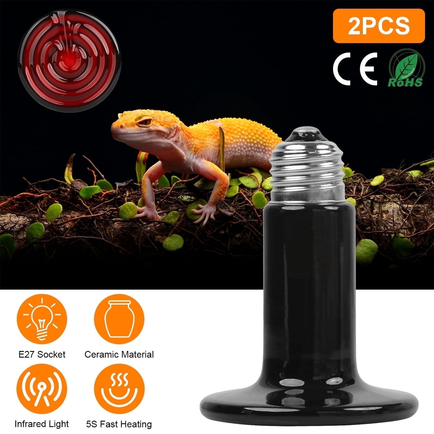 Moclever 2Pcs Reptile Heat Lamp, 150W Electric Ceramic Terrarium Heat Lamp No Light Emitting, Black