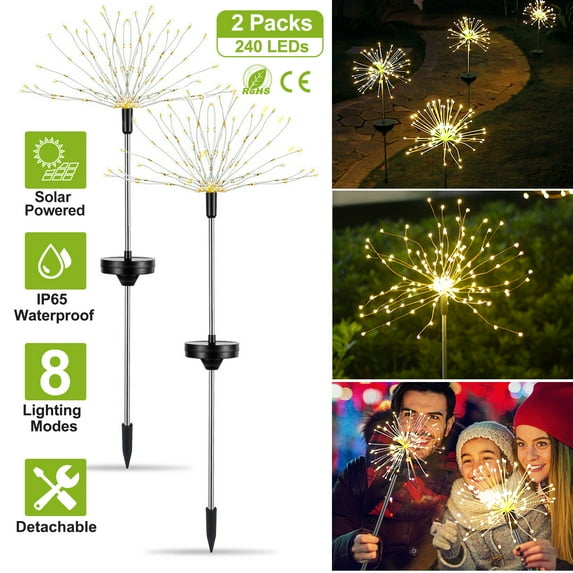 Moclever 2Pcs Solar Landscape Lights, Outdoor Waterproof Starburst Lights, 240 LEDs, Warm