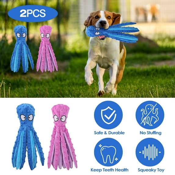 Moclever 2Pcs Squeaky Dog Toys, No Stuffing Crinkle Plush Octopus Dog Teething Toy for Puppy Small Medium Large Dogs, Blue+Pink