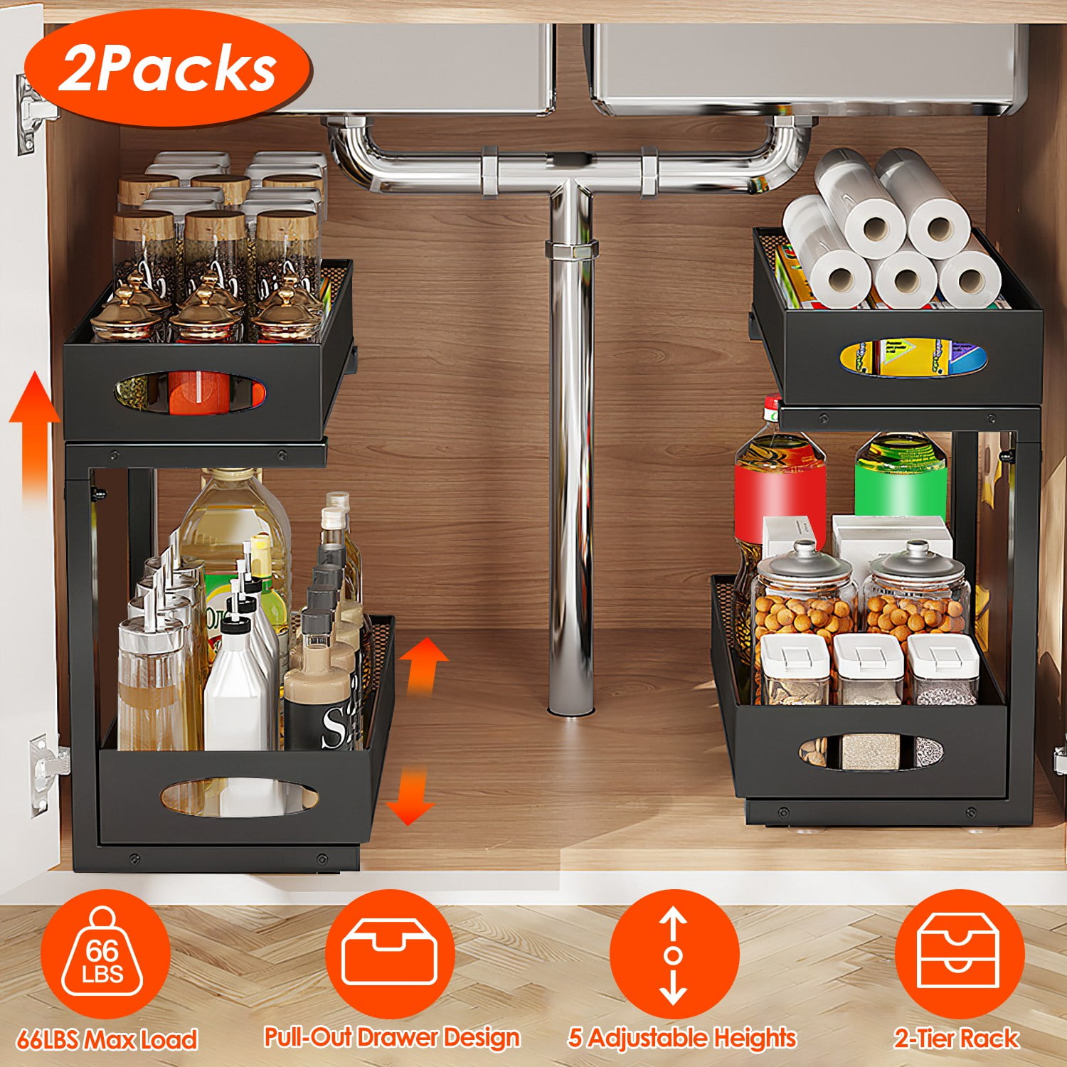 Moclever 2Pcs Under Sink Organizer, 2 Tier Pull Out Cabinet Organizer with 5 Adjustable Height Mesh Baskets for Kitchen Bathroom Office, Black