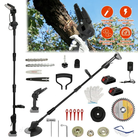 Moclever 3 in 1 Cordless Electric Pole Saw & Mini Chainsaw & Grass Trimmer Kit Adjustable Length with 2Pcs 21V 1500mAh Batteries 4in/6in Chains Saw Blade 5Pcs Plastic Blades, Black