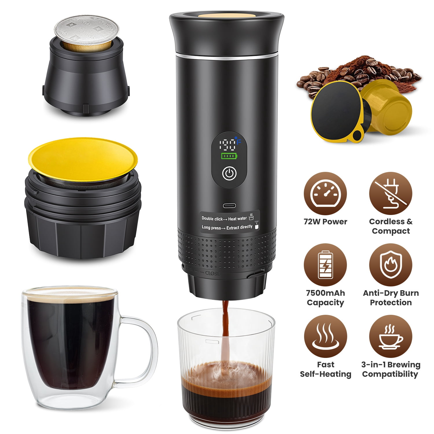 Moclever 3 in 1 Portable Espresso Machine Cordless Self-Heating Coffee Maker with 7500mAh Battery 194℉ Heating 20Bar Pressure Anti-Dry Burn Fit for Ground Coffee/NS/DG Capsules