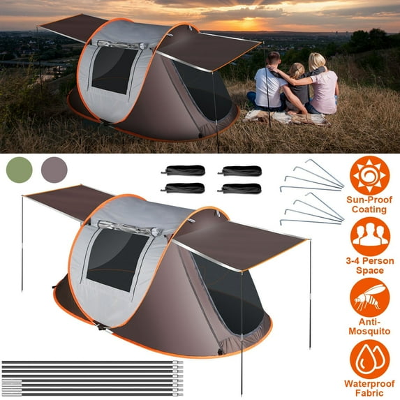 Moclever 3-4 Person Pop up Tent Foldable Camping Tent Waterproof Tent with 4 Tent Poles 2 Mosquito Net Windows Carrying Bag for Hiking Climbing Fishing, Khaki