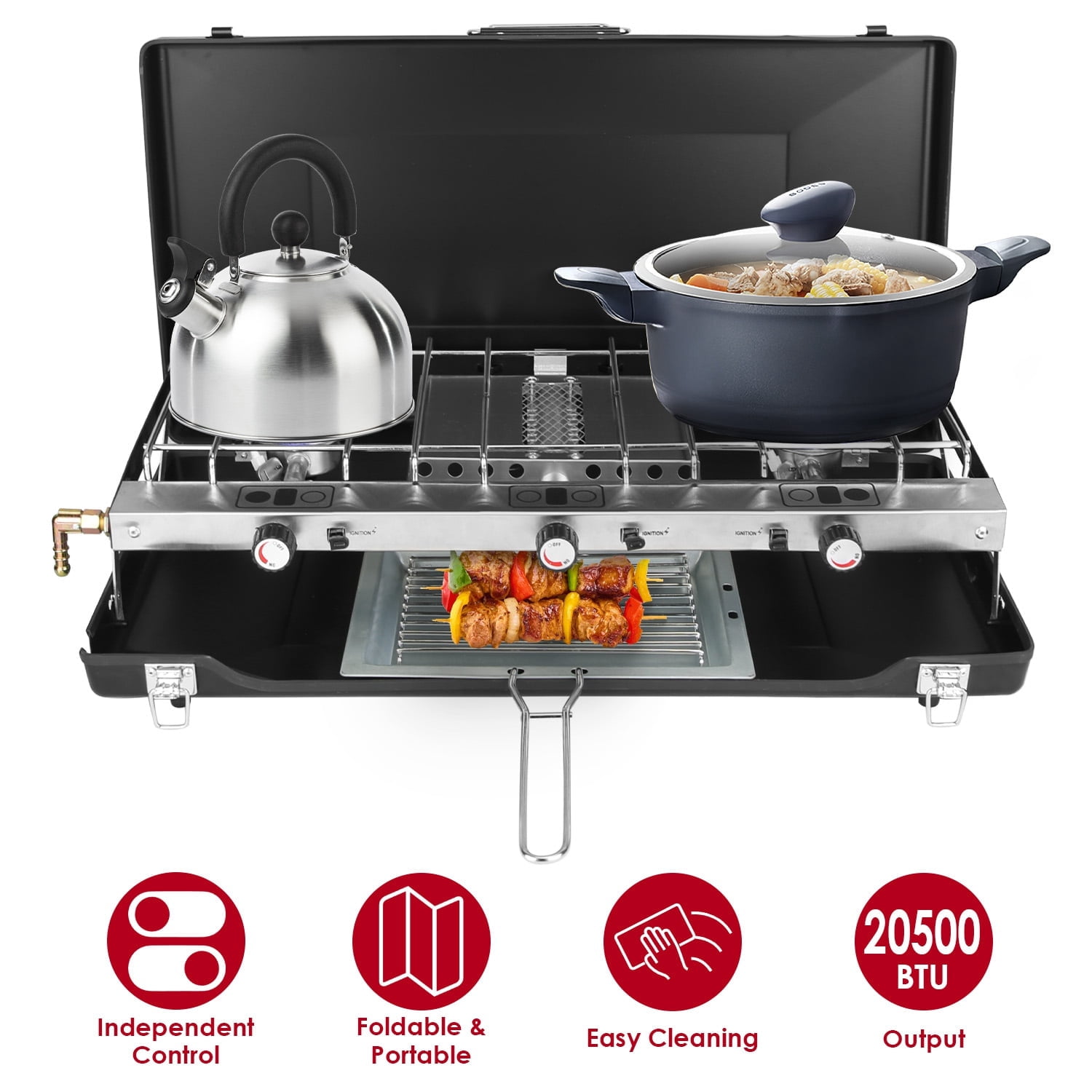 Moclever 3 Burner Portable Camping Stove 20000 BTU Foldable Propane Stove with Toast Tray Windshield for RV Camping BBQ Picnic Backyard, Black