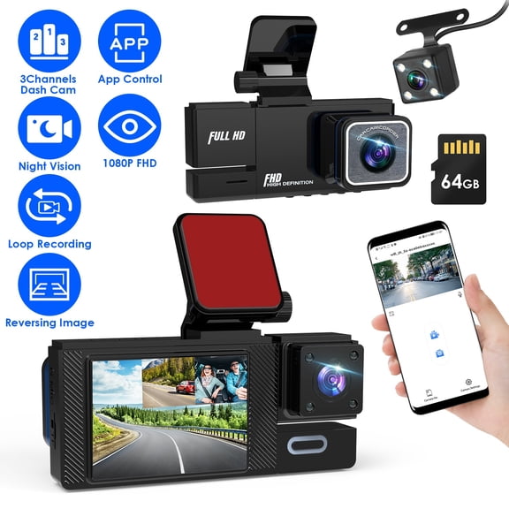 Moclever 3 Channel WiFi FHD 1080P Dash Cam, Front Rear Inside Car Camera, Night Vision, 170 Wide Angle, Loop Recording, Reversing Image, 64G Card