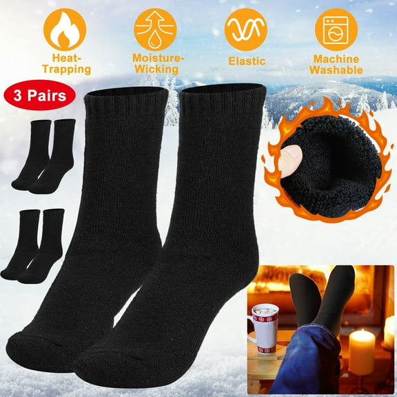 Moclever 3 Pairs Male Thermal Warm Wool Socks Soft Cozy Winter Heat-Trapping Breathable Socks, Black 6-11.5