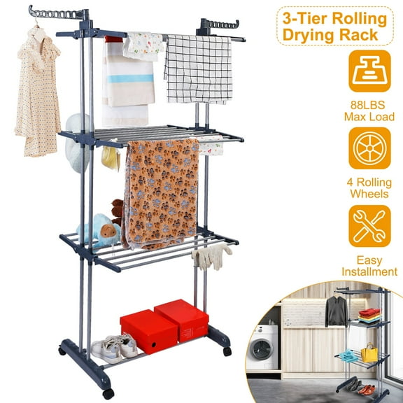 Moclever 3 Tier Clothes Drying Rack, Rolling Collapsible Laundry Dryer Hanger Rustproof 88LBS Max Load with Dual Side Wings for Bedroom Loft, Gray