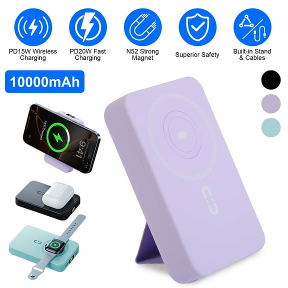 Moclever 3 in 1 10000mAh Fast Charging MagSafe Power Bank, PD20W Portable Charger with 2 Built In Cables Stand Fit for IOS Phone Series