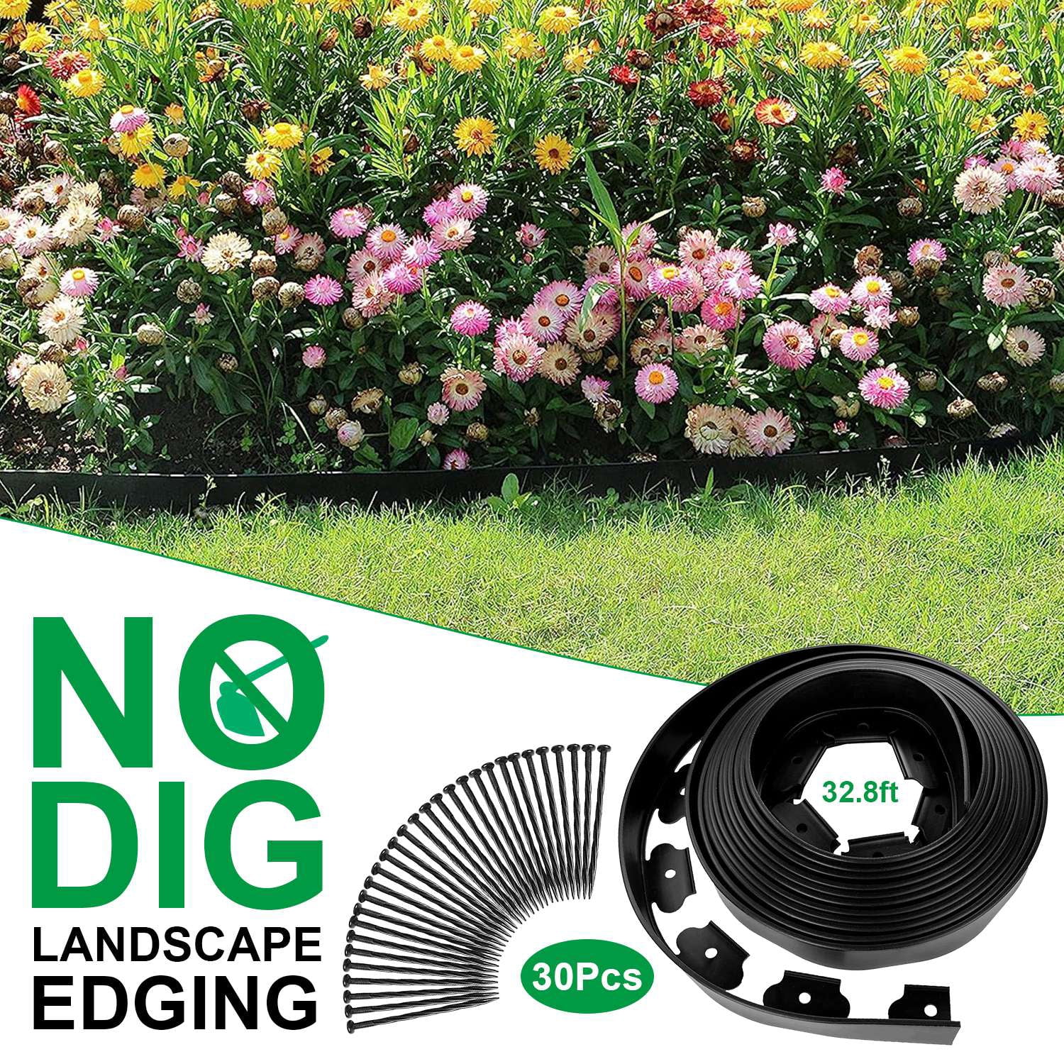 Moclever 32.8ft Non-Digging Garden Edging Kit 2in Tall Plastic Garden Border with 30 Spikes, Black