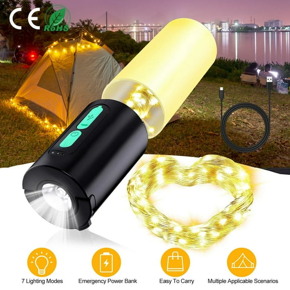 Moclever 33ft Camping String Lights 4 in 1, IP44 Waterproof Rechargeable Camping Lantern with 7 Light Modes, Black