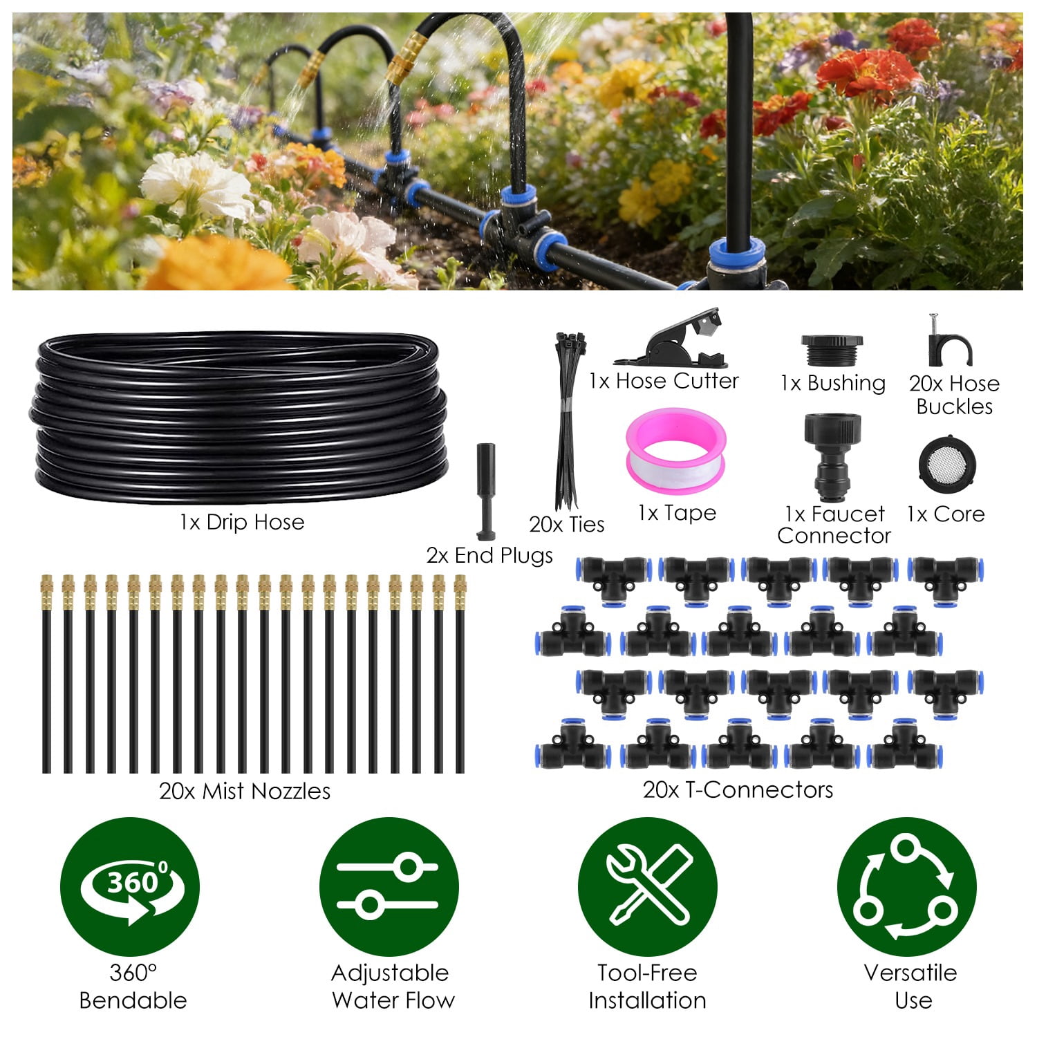 Moclever 360° Bendable Automatic Drip Irrigation System with 49ft 5/8” Tubing Hose 5/16” Faucet Connector for Greenhouse Yard Lawn