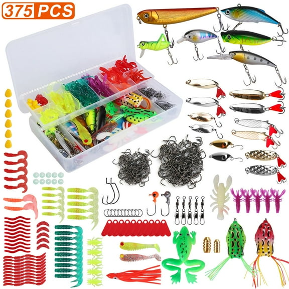 Moclever 375Pcs Fishing Lures Kit, Fishing Baits and Tackle Box Lifelike Popper Crankbaits Crickets Frogs Spoon Lures Maggots for Saltwater Freshwater, 8.27x4.33x1.77in