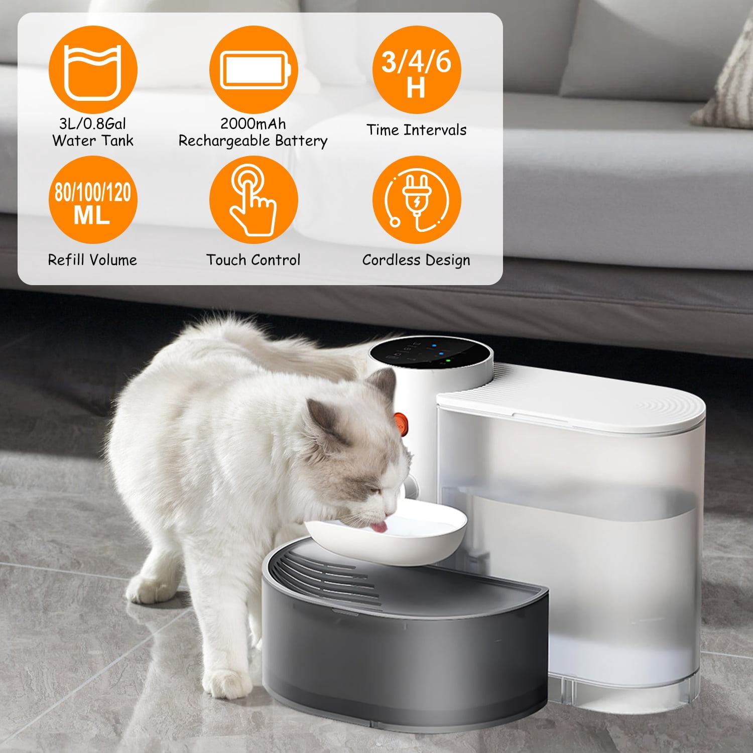 Moclever 3L Smart Pet Water Fountain Automatic Cat Water Dispenser Self-Refill with 3 Adjustable Volume 3 Time Intervals Touch Control, White