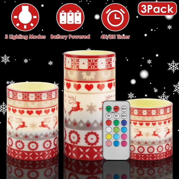 Moclever 3Pack Battery Operated Christmas Flameless Candles with Reindeer Heart Snowflakes Element, Flickering LED Candle Lights with 3 Lighting Modes Timer Remote Control, Red