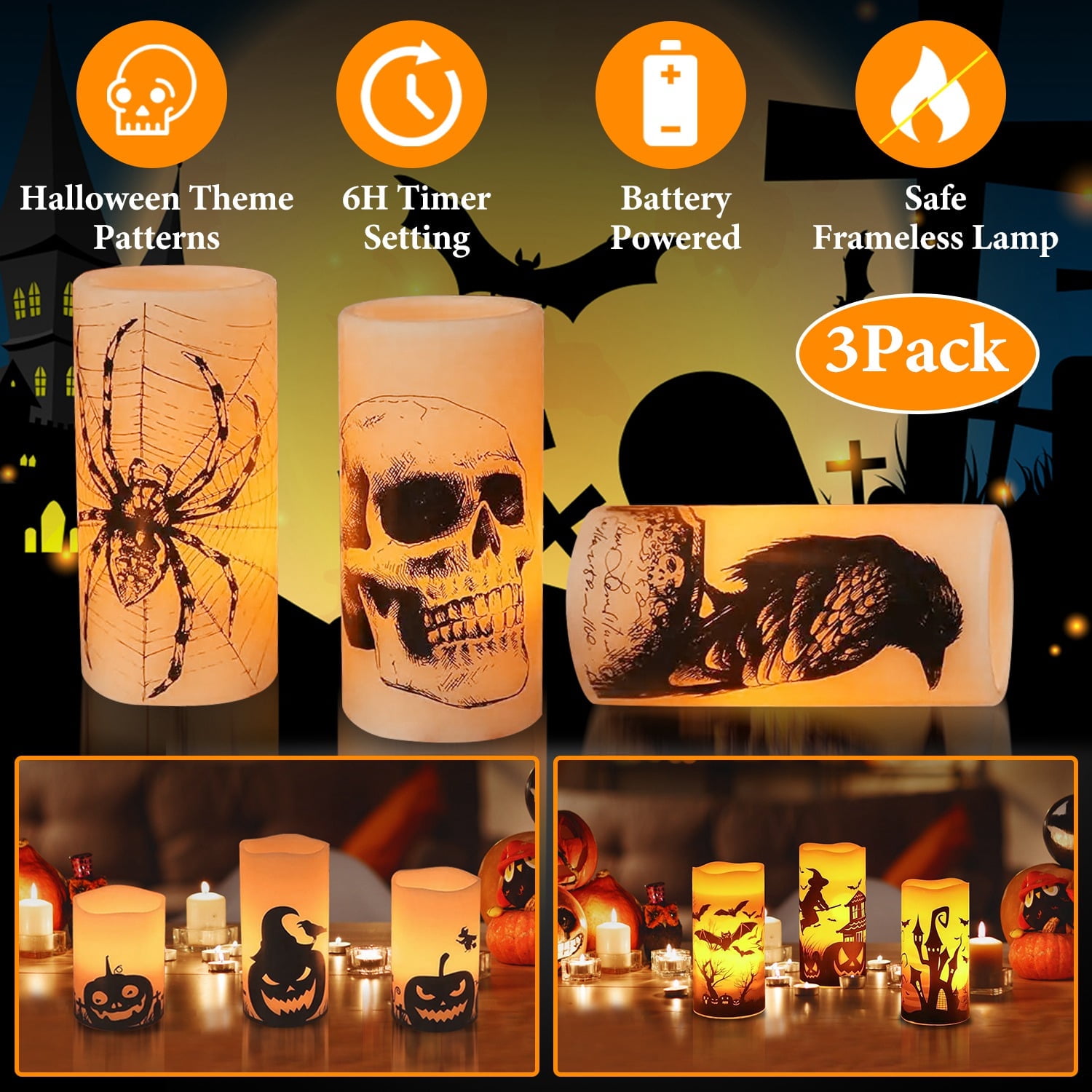 Moclever 3Pack Halloween Flameless Candles with Timer, Battery Operated LED Candle Lights, Spider Crow Skull Design for Party Decoration