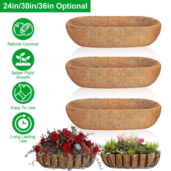 Moclever 3Pcs 24in Coco Liners for Planters, Half Moon Hanging Coconut Liner Replacement for Garden Fence Flower Vegetable, Brown