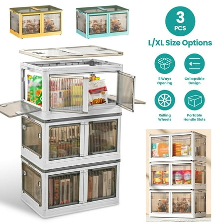 Moclever 3Pcs Foldable Storage Bins with Lid, 30.8L Rolling Storage Bins 4 Doors 5-Opening Collapsible Stackable Plastic Closet Organizer Containers with Lock 4 Wheels, White