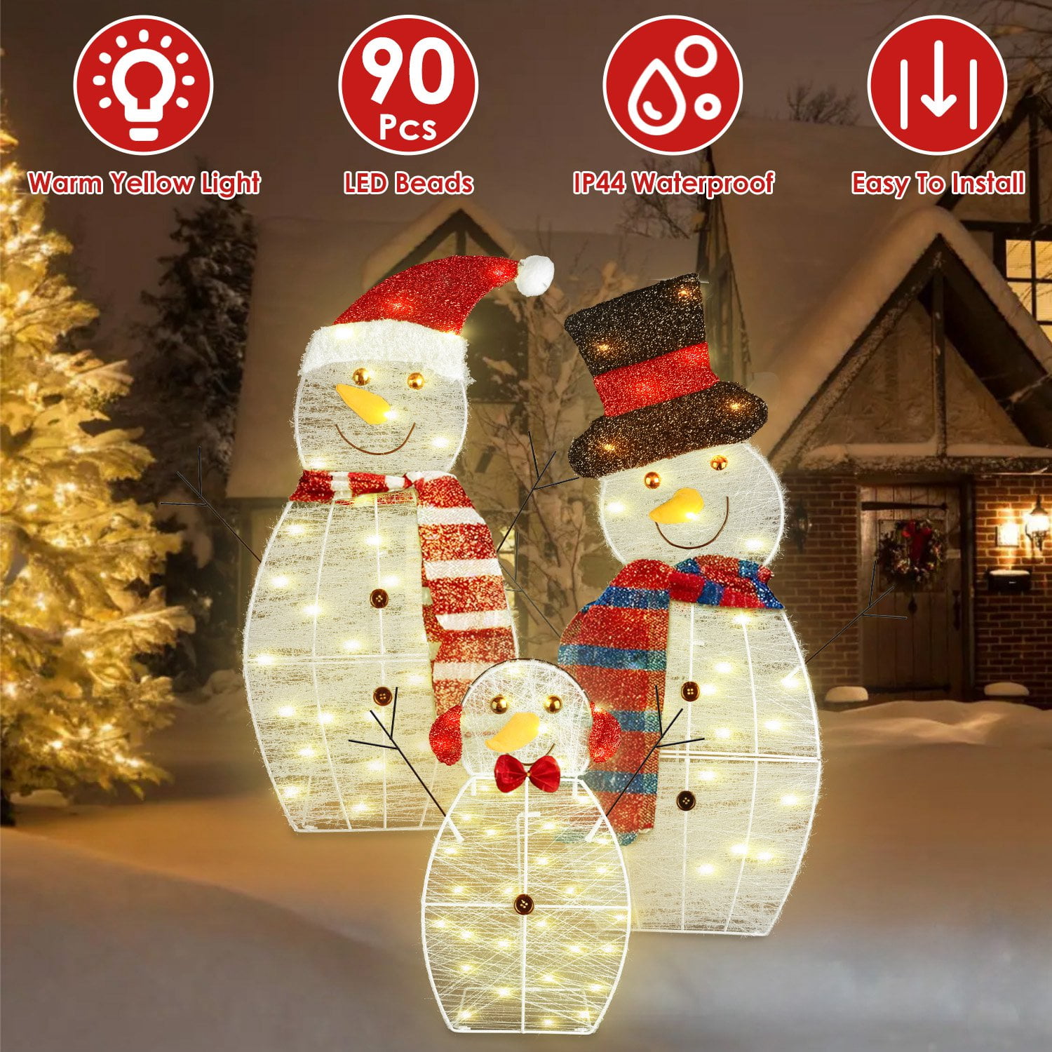 Moclever 3Pcs Outdoor Lighted Snowman Family, 2D Christmas Snowman Yard