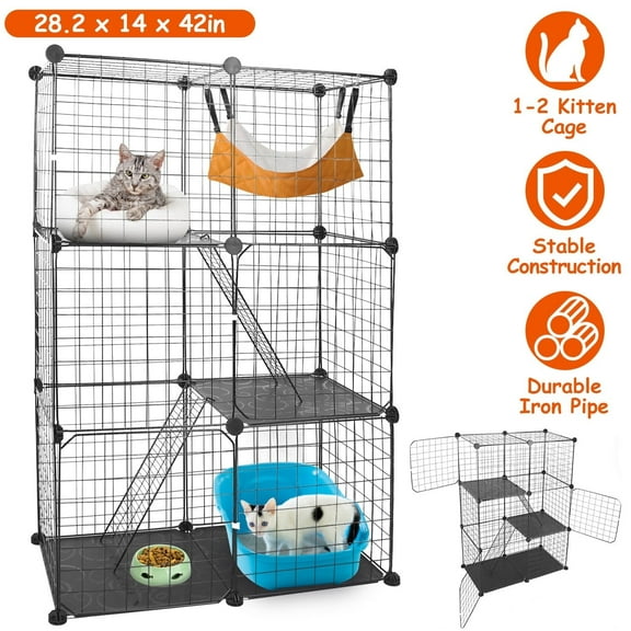 Moclever 3Tier Cat Playpen Cage Metal Indoor Cat House with 3 Doors 2 Ladders for 1-2 Animals, Black
