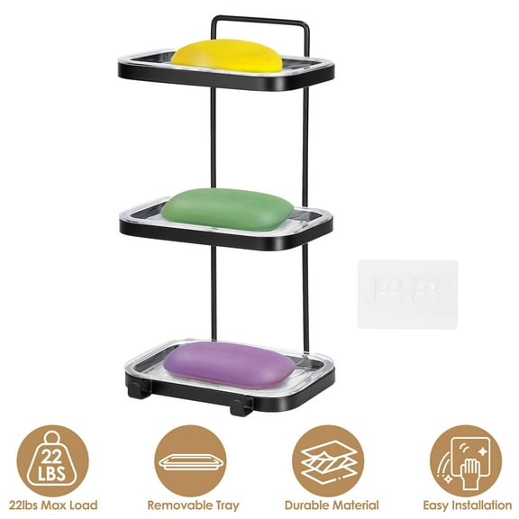 Moclever 3Tier Soap Bar Holder, Wall Mount Soap Dish Shower Bathroom Shelf with 2 Hooks Clear Trays, Black