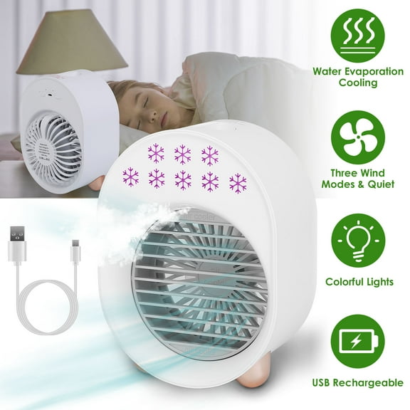 Moclever 4 in 1 Portable Air Conditioner Fan, Mini Desktop Cooling Fan with 3 Wind Modes for Home Office, White