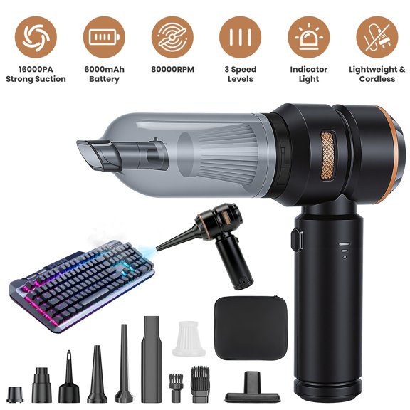 Moclever 4 in 1 Portable Cordless Compressed Air Duster & Blower, 16000PA Handheld Car Vacuum Cleaner with Brushless Motor 2 Reusable Filters, Black