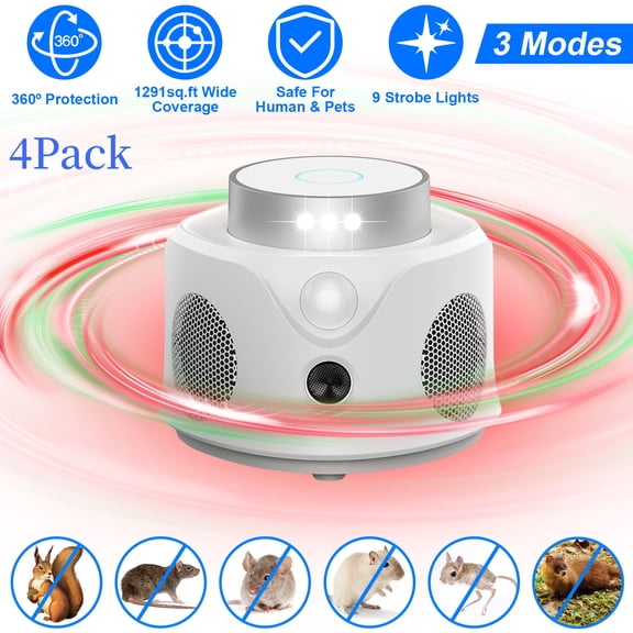 Moclever 4Pcs 360° Ultrasonic Pest Repeller, Indoor Rodent Repeller with 3 Modes 9 Strobe Lights, White