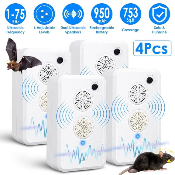 Moclever 4Pcs 75KHz Rechargeable Ultrasonic Bat Repellent Indoor Outdoor Bird Mouse Repeller Device with 6 Adjustable Levels for Attic Porch House
