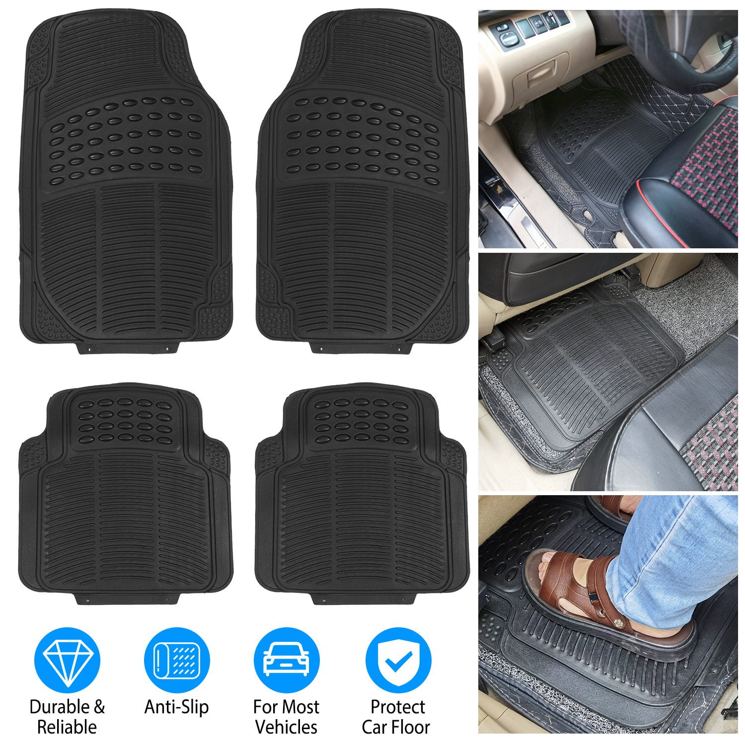 Moclever 4Pcs Floor Mats for Cars, Front and Rear PVC Rubber Automotive Floor Mats with Trimmable Design Fit Most Cars SUVs Trucks, Black