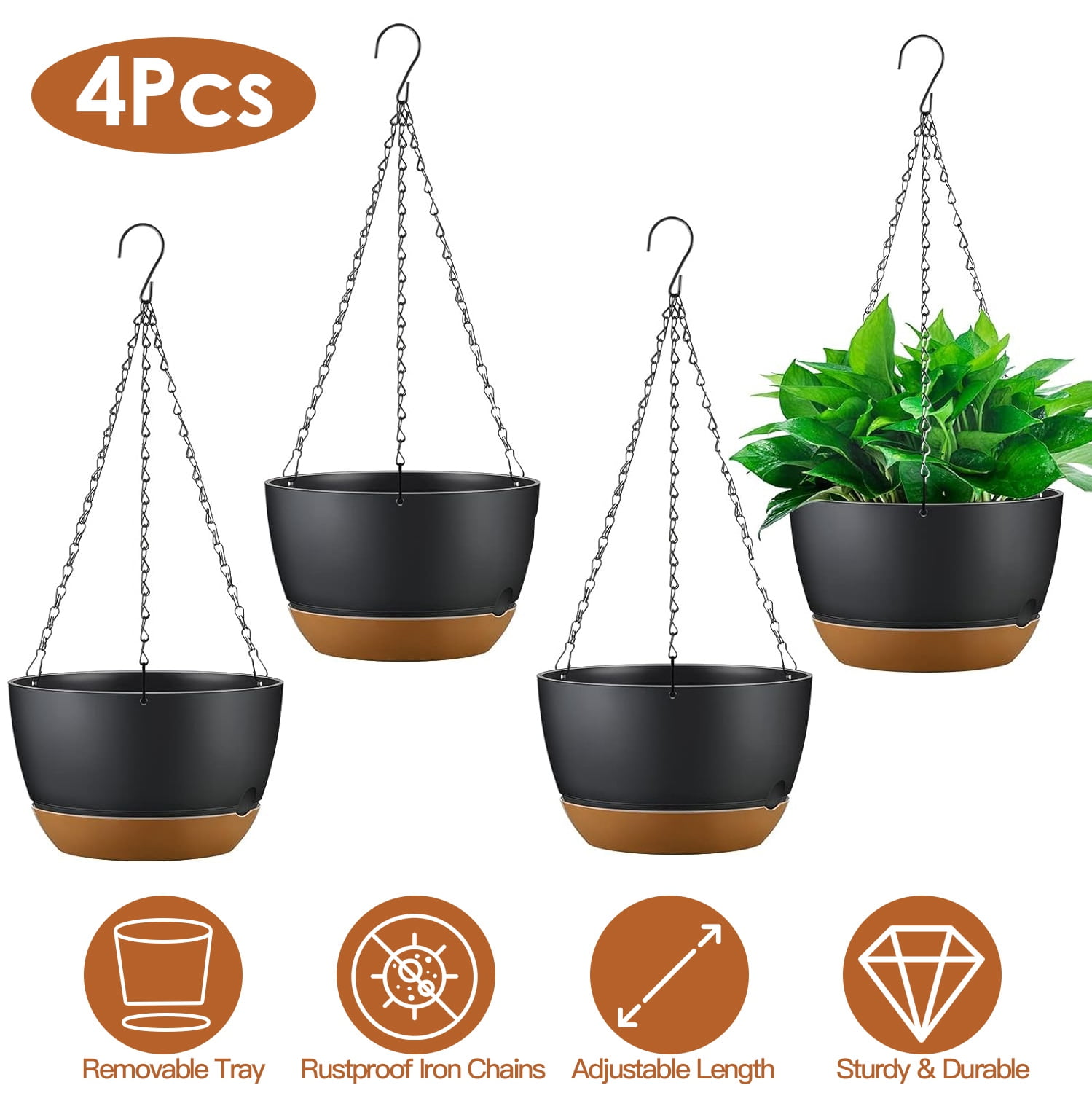 Moclever 4Pcs Hanging Planter Set, 9.64in Diameter Plastic Hanging Plant Pot with Drainage Holes Removable Self-Watering Tray for Indoor Outdoor Herb Ivy Fern, Gray