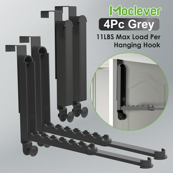 Moclever 4Pcs Over The Door Hanger Hooks for Clothes, Foldable Clothes Drying Rack 11lbs Load for 1.81In Thickness Door Maximum, Grey