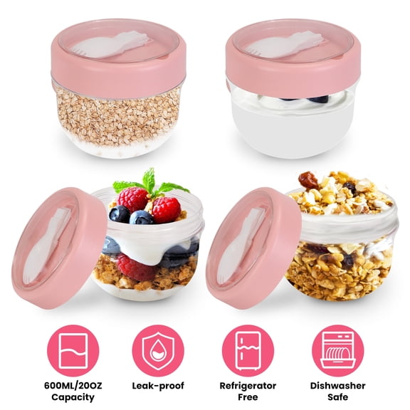 Moclever 4Pcs Overnight Oats Containers with Lids, Portable Leak-proof 20oz Yogurt Container with Folding Spoons for Milk Vegetable and Fruit Salad, Pink