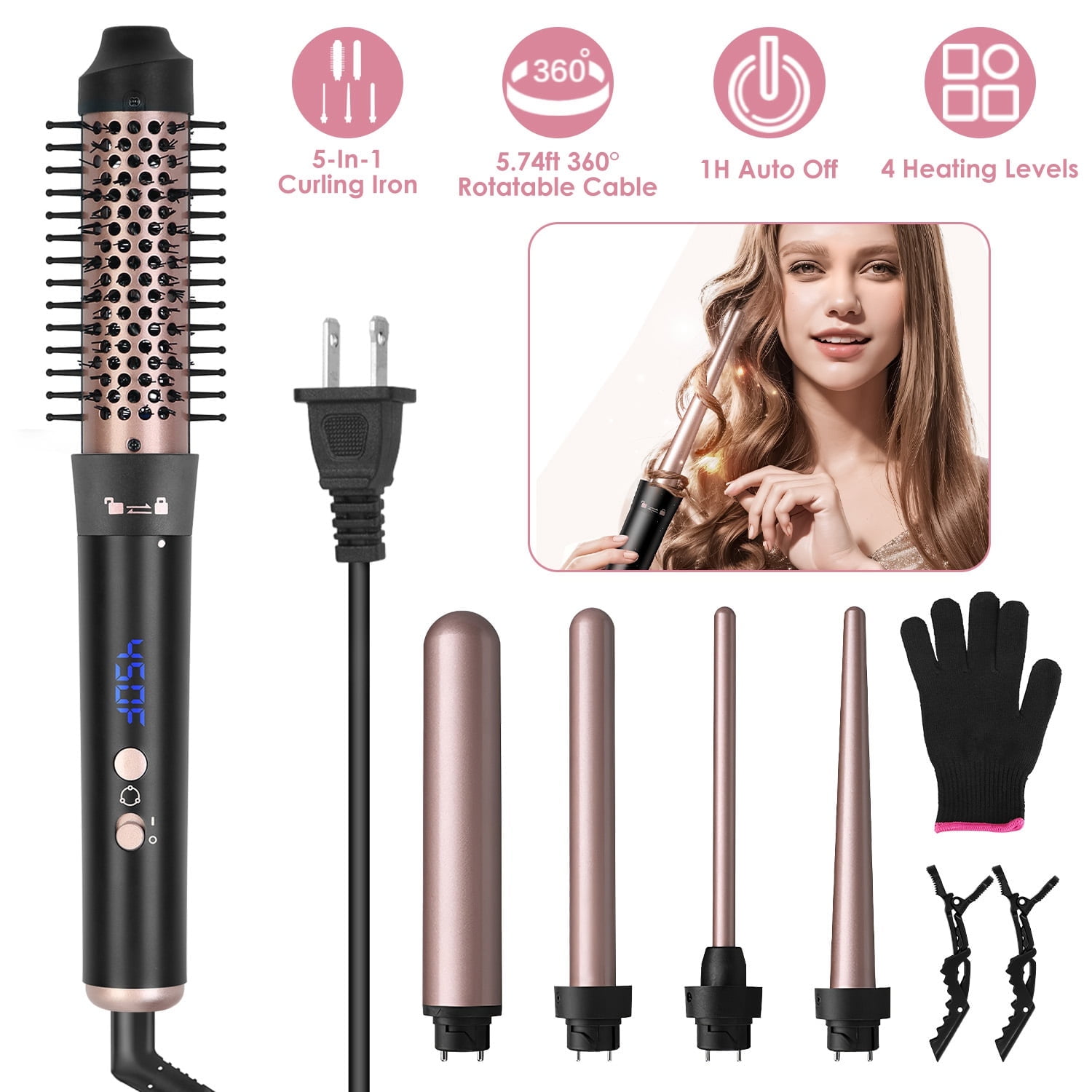 Moclever 5 in 1 Hair Curling Wand, Thermal Brush Curler with 4 Heating Levels 360° Rotatable Cable 1H Auto off, 5 Interchangeable Barrels 2 Clips, Rose Gold