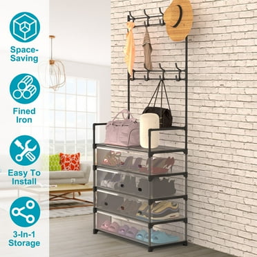 Moclever 5 Tier Coat Rack with Shoe Storage, Freestanding Dustproof Entryway Hall Tree with 8 Removable Hooks for Front Door Bedroom, Black